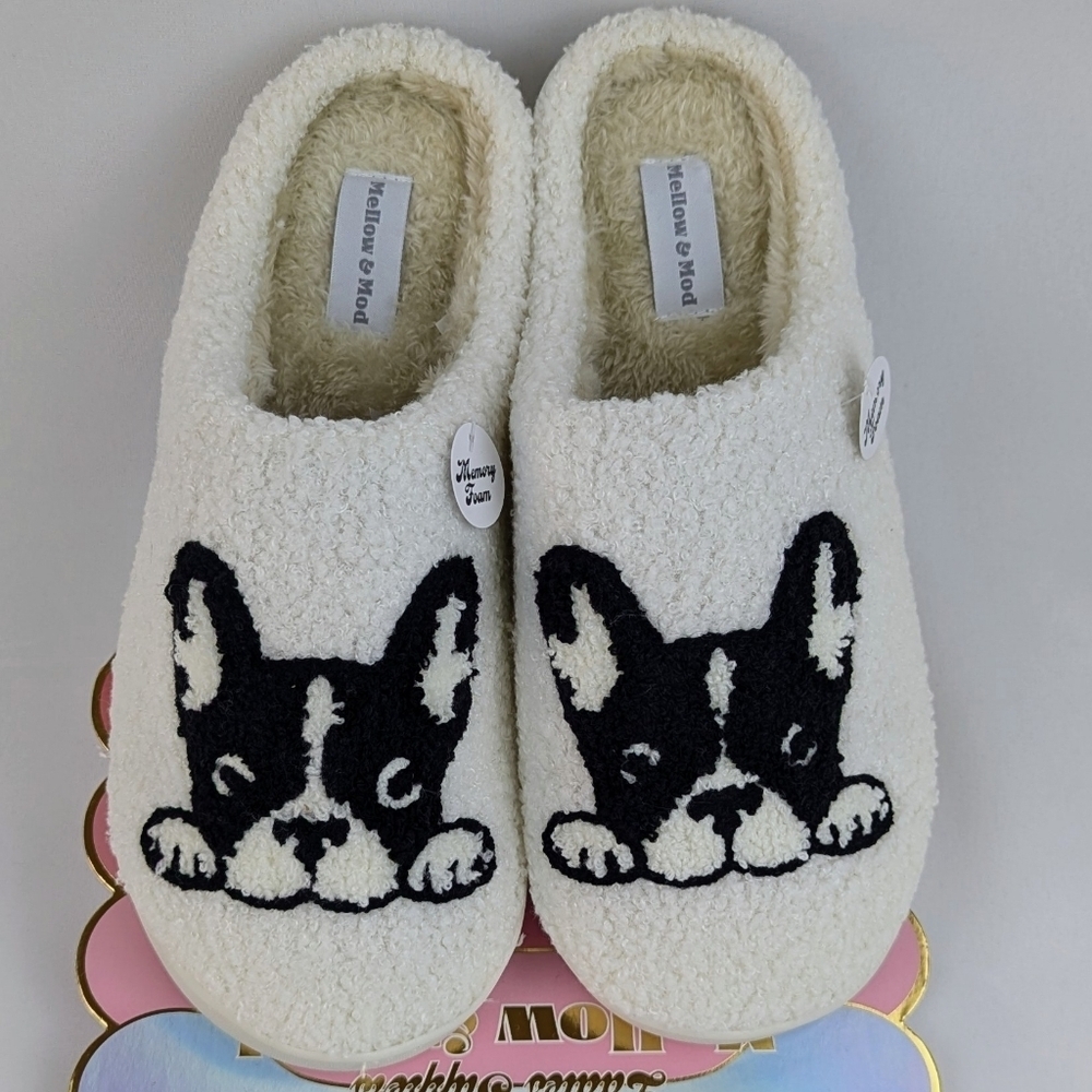Boston Terrier Slippers Sherpa Upper & Lining Slip On Ivory Black XL (9/10) NWT